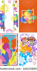 Four frame designs for Holi festival with colorful watercolor paints background illustration