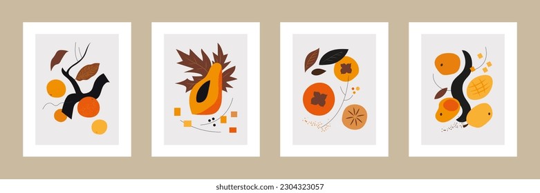 Four framed abstract colorful beige orange cosy tropical fruits vector poster set 