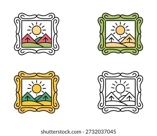 Cuatro iconos de paisaje enmarcados con un sol, montañas y colinas ondulantes en varios esquemas de color, incluida una versión de contorno en blanco y negro.