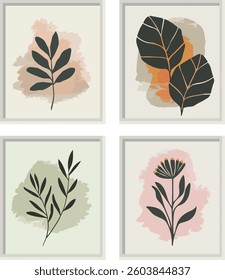 Four framed prints with different leaves in different colors, botanical artwork
