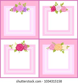 Four frames with decorative flowers, color banner, square shape, lilac and pink, yellow and white roses, green leaves, colorful vector illustration
