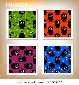 Four frames with Halloween monster silhouettes. Seamless pattern.