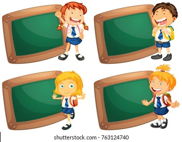 Cuatro cuadros con niños felices con uniforme escolar