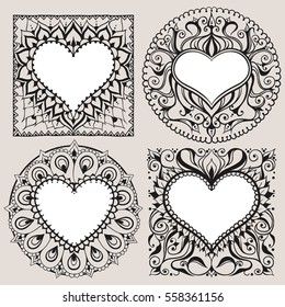 Four frames with hearts in east style. Can be used for the congratulations cards on the Valentines day, printing on clothing, frames for photo or other. Vector hearts.