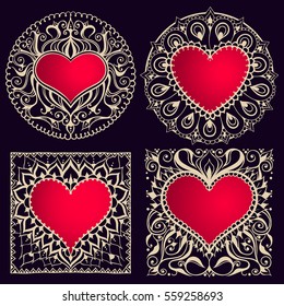 Four frames with hearts in east style. Can be used for the congratulations cards on the Valentines day, printing on clothing, frames for photo or other. Vector hearts.