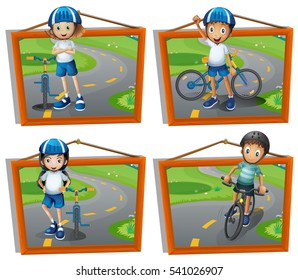 Cuatro cuadros de niños en bicicleta