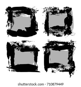 Four frames of textured brush strokes with black thick paint on grey substrate isolated on a white background