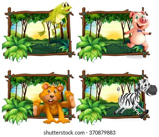 Four frames of wild animals in the jungle illustration