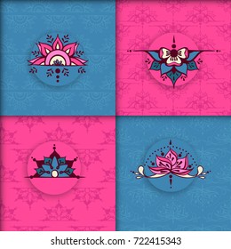 Four freehand drawings of lotus flowers in east style on the seamless background. Can be used for backgrounds, business style, tattoo templates, cards design or else. Vector illustration.