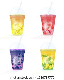 Four fresh juices from fruit. Sweet smoothies, iced tea. Cocktail in a glass with a straw on white background. Vector illustration