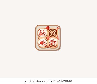 Four fresh strawberry cinnamon rolls with white cream cheese frosting and fruit toppings on a long ceramic serving tray vector illustration