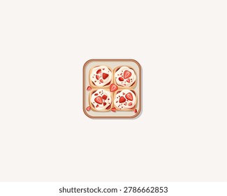 Four fresh strawberry cinnamon rolls with white cream cheese frosting and fruit toppings on a long ceramic serving tray vector illustration