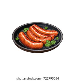 Four freshly grilled, barbequed processed meat sausages on frying pan, sketch vector illustration on white background. Realistic hand drawing of German sausages grilled, fried on skillet, frying pan