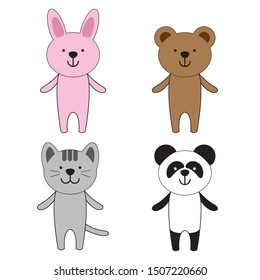 Four friendly animals stand together. There are rabbit, bear, cat and panda.