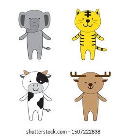 Four friendly animals stand together. There are elephant, tiger, cow and deer.