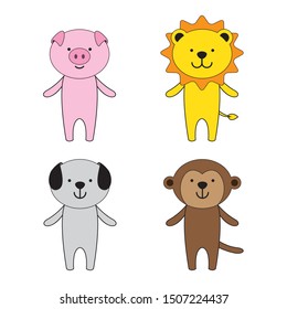 Four friendly animals stand together. There are pig, lion, dog and monkey.