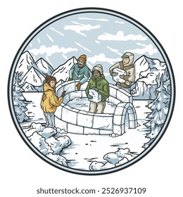 Four friends are building an igloo together with blocks of ice in a snowy mountain landscape. They are wearing winter clothes