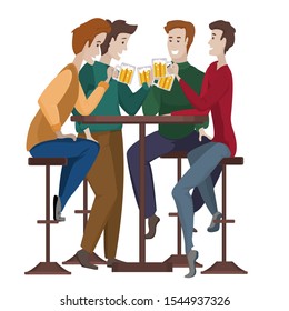 Four friends drinking beer. Spend your free time in the bar, pub or cafe. Vector illustration.