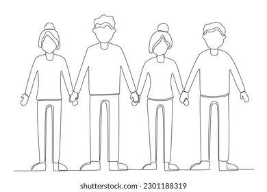 Four friends holding hands. World population one-line drawing