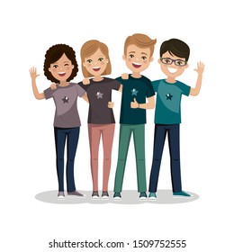 Four friends hugged together. Youth people. Happy boys and girls. Flat vector illustration