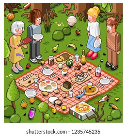 Four friends looking desparated on picnic blanket while ants carry away the food (isometric vector)