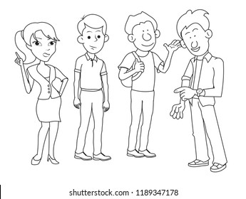 Four friends man woman boy girl lady business school student talking pointing looking at time on wrist watch