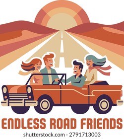Four friends on a road trip in a convertible car at sunset happy travelers