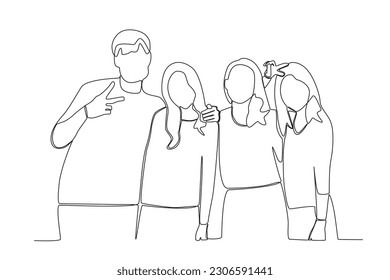 Four friends posing for the camera. Friendship Day one-line drawing