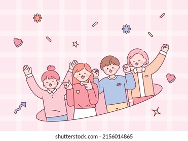 Four friends raising their hands and having fun. Cute icons floating on a pink background. flat design style vector illustration.