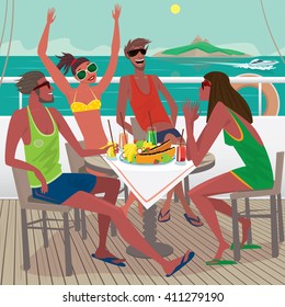 Four friends sitting at a table on the ship deck, talking and eating fresh tropical fruits, the distance you can see the island - Friendship or Leisure concept. Vector illustration svg