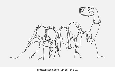 four friends taking a selfie together using a smartphone. beautiful young teenage girl. editable stroke. vector illustration.