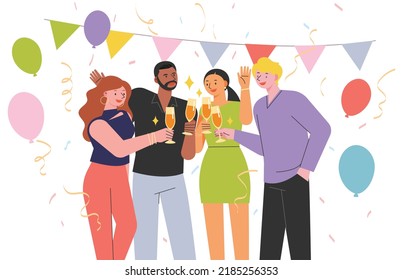 Four friends are toasting a party with champagne. Balloons, confetti, and garlands are decorated. flat design style vector illustration.