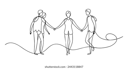 Four friends together continuous line art drawing on white background