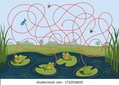 Four frogs caught a mosquito, a fly and a dragonfly. Guess which of them failed to catch the insect. Children's game picture riddle with a maze