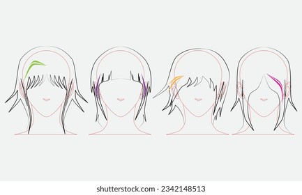 four front views of women's hairstyles with beautiful anime styles