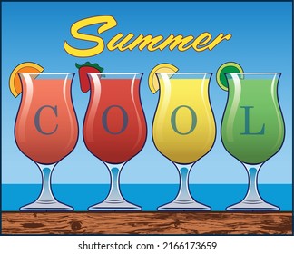 Four frozen drinks on a beach.