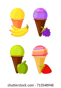 Four fruit ice cream. Strawberry, apple, blackberry and banana. Vector illustration