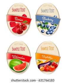 Cuatro etiquetas de frutas, verduras y bayas. Vector.