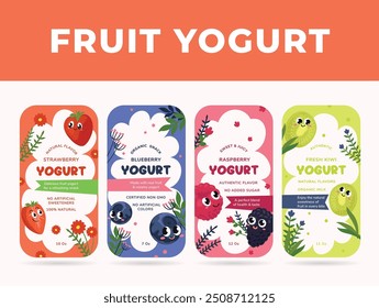 Four fruit yogurt labels are placed together, highlighting flavors such as strawberry and blueberry. Each label highlights natural ingredients and vibrant colors.