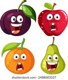 Four fruits with humorous facial expressions