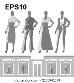 Four full-length female mannequins dressed in fashionable clothes over white background. Clothing store showcase. Vector illustration