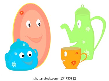 Four fun element dishes: a plate, sugar bowl, teapot, cup