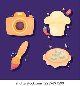 four fun hobbies set icons