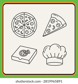 Four fun pizza-themed illustrations including chef hat, whole pizza, slice, and delivery box