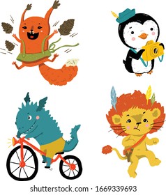 Four funny animals enjoy and plays