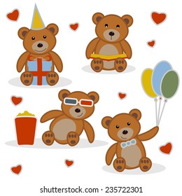 Four funny cartoon bear.  Background with hearts. Set vector.