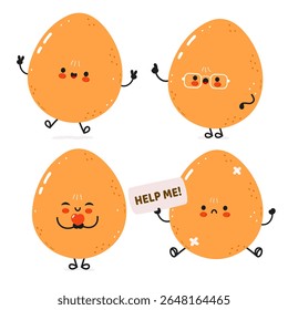 Quatro personagens engraçados de desenhos animados de ovos saltando, gesticulando, enviando um beijo e pedindo ajuda