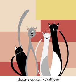 Four funny cats on abstract geometric background vector illustration