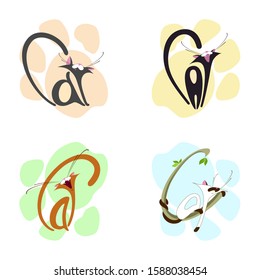 Four funny cats on the background of multi-colored cat footprints. Vector illustration. Cartoon characters.
