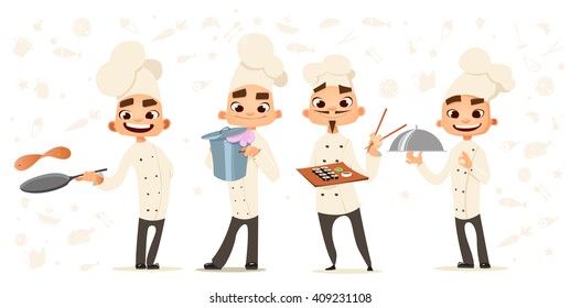 Four funny cook. Bon appetit lettering . Cook characters. Cartoon funny cook